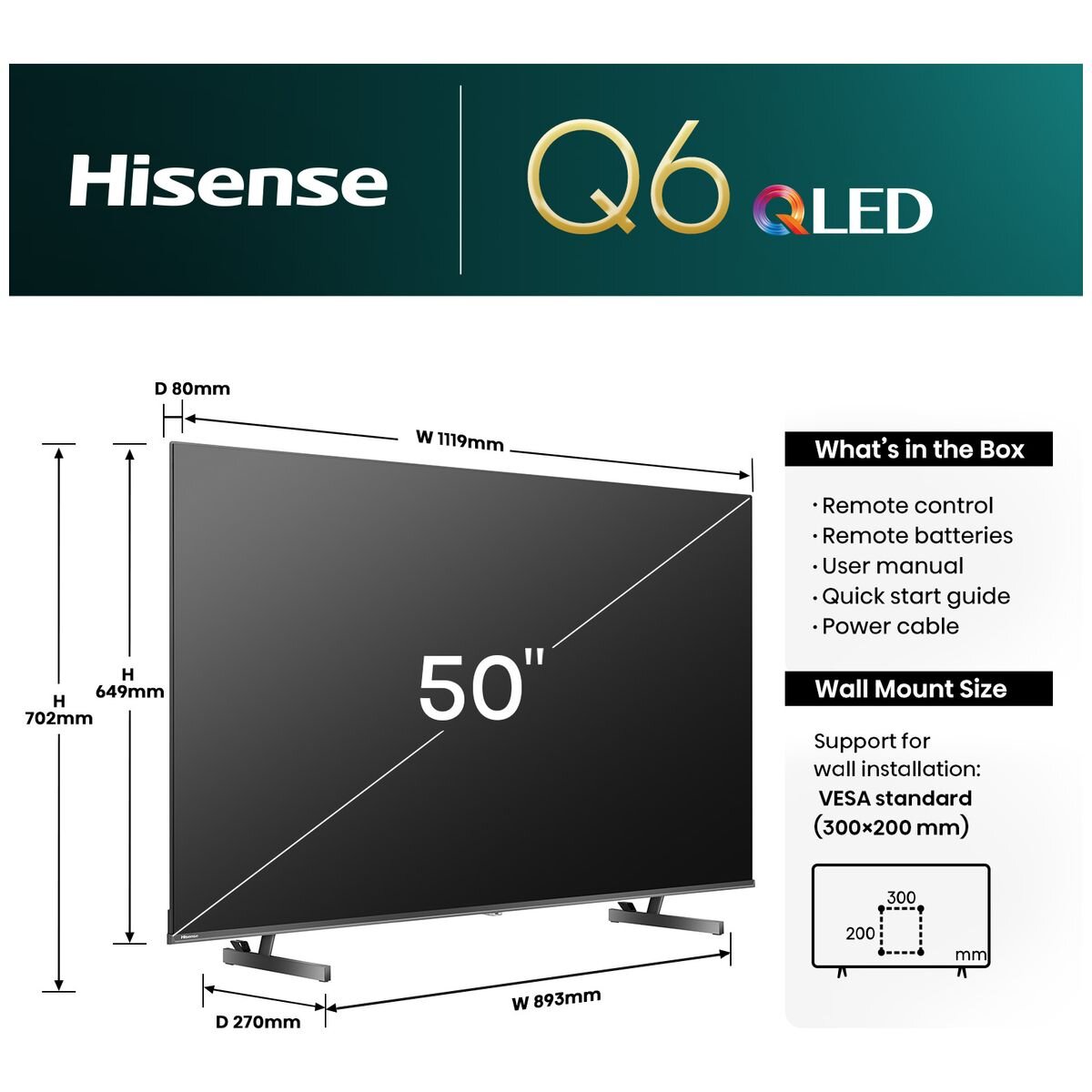 Hisense 50 Inch Q6NAU 4K QLED Smart TV 50Q6NAU