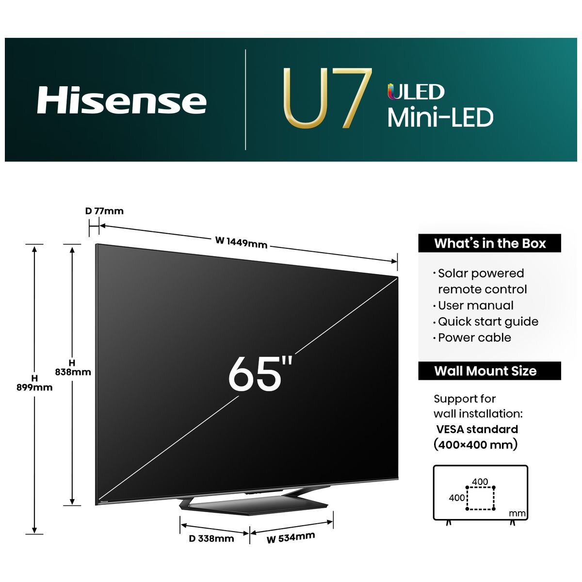 Hisense 65 Inch U7N ULED 4K Mini LED Smart TV 65U7NAU